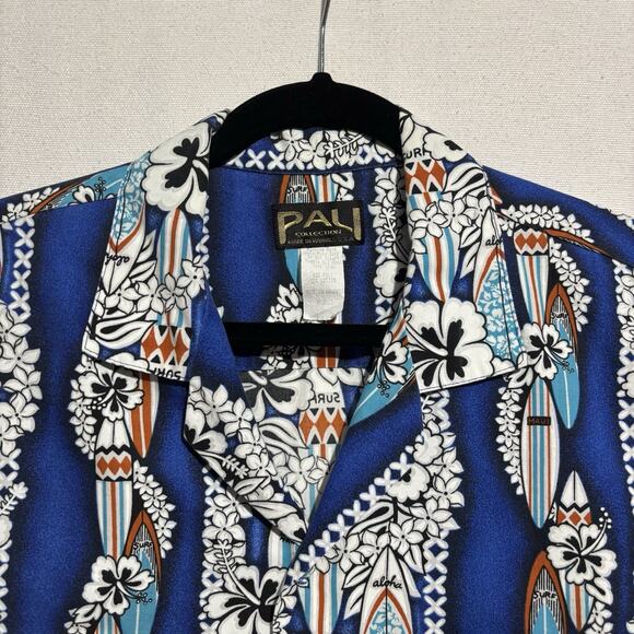 VTG Pali Collection Hawaiiian Shirt Men’s Large Blue Surfboard Lei Hibiscus Rare - Picture 2 of 7